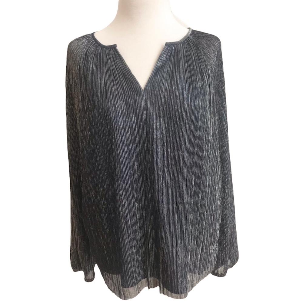 Banana Republic Dark Blue & Metallic Silver Long Sleeve V Neck Blouse Sze LP NWT